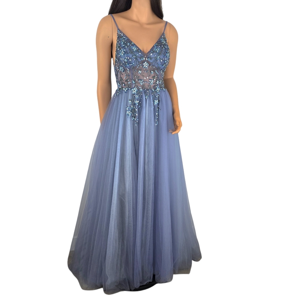 Zapaka Blue A-Line Tulle Prom Dress With Slit Size 8
